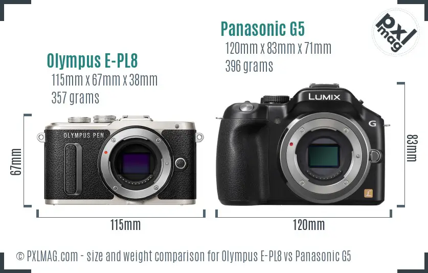Olympus E-PL8 vs Panasonic G5 size comparison