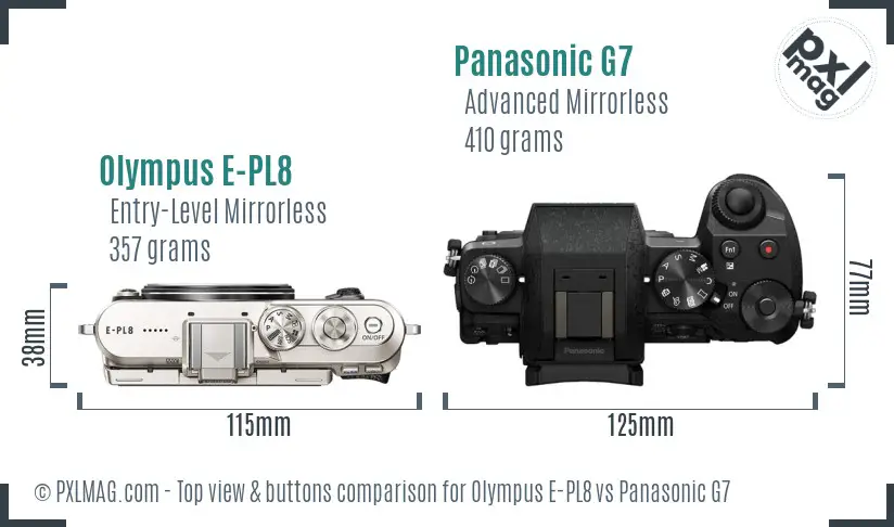 Olympus E-PL8 vs Panasonic G7 top view buttons comparison