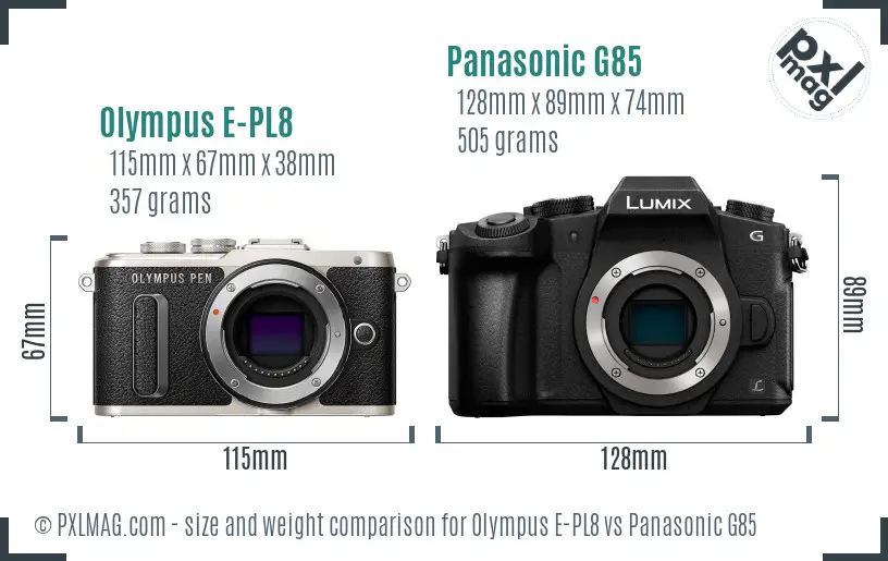 Olympus E-PL8 vs Panasonic G85 size comparison