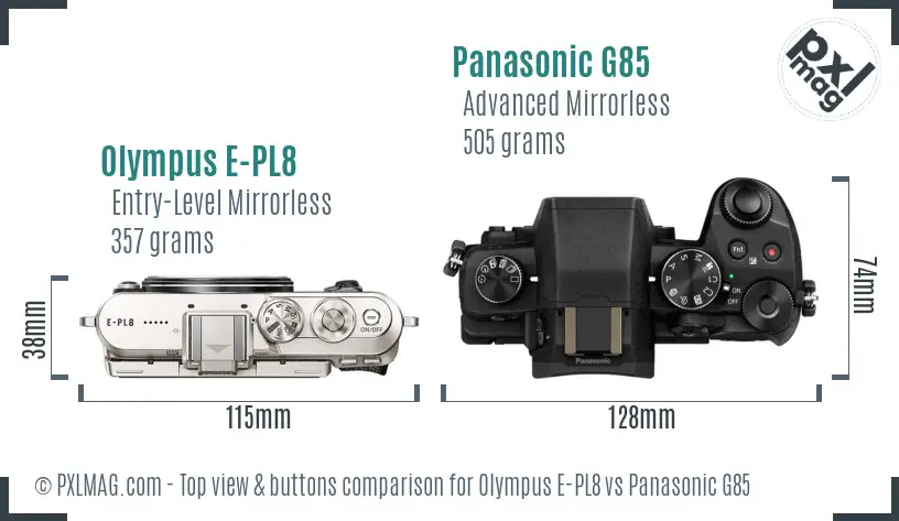 Olympus E-PL8 vs Panasonic G85 top view buttons comparison