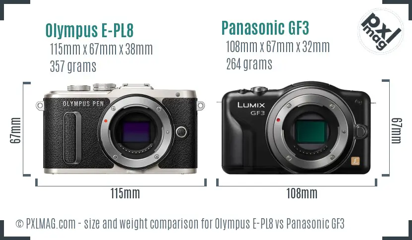 Olympus E-PL8 vs Panasonic GF3 size comparison