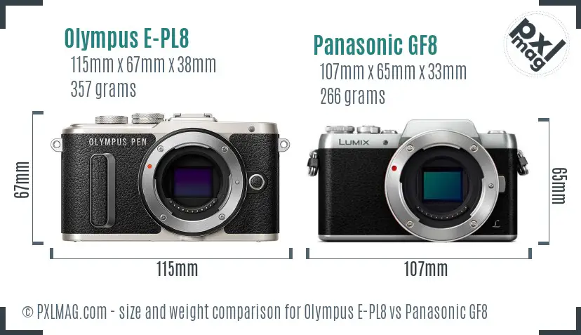 Olympus E-PL8 vs Panasonic GF8 size comparison