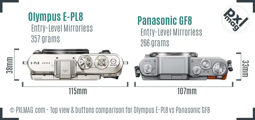 Olympus E-PL8 vs Panasonic GF8 top view buttons comparison