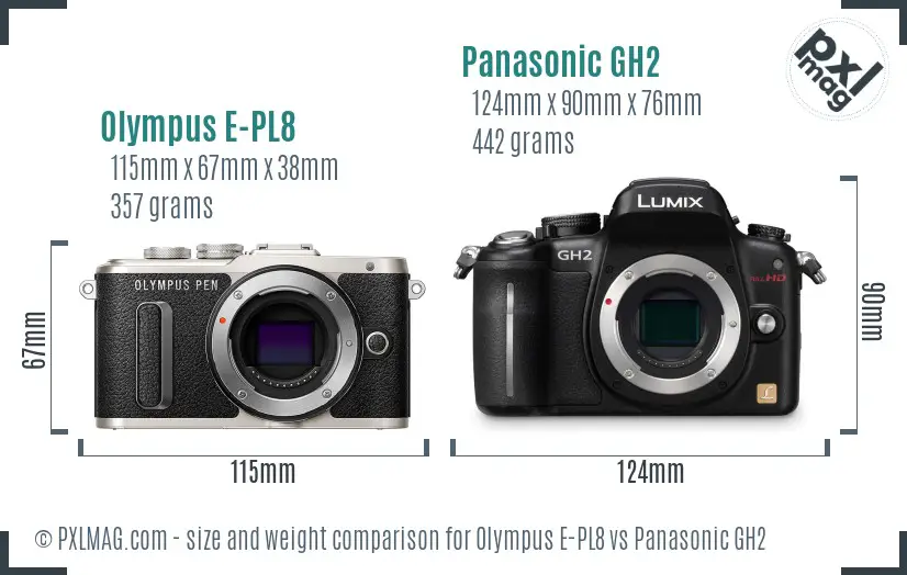 Olympus E-PL8 vs Panasonic GH2 size comparison