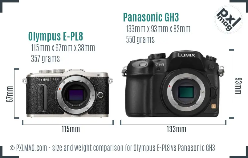 Olympus E-PL8 vs Panasonic GH3 size comparison