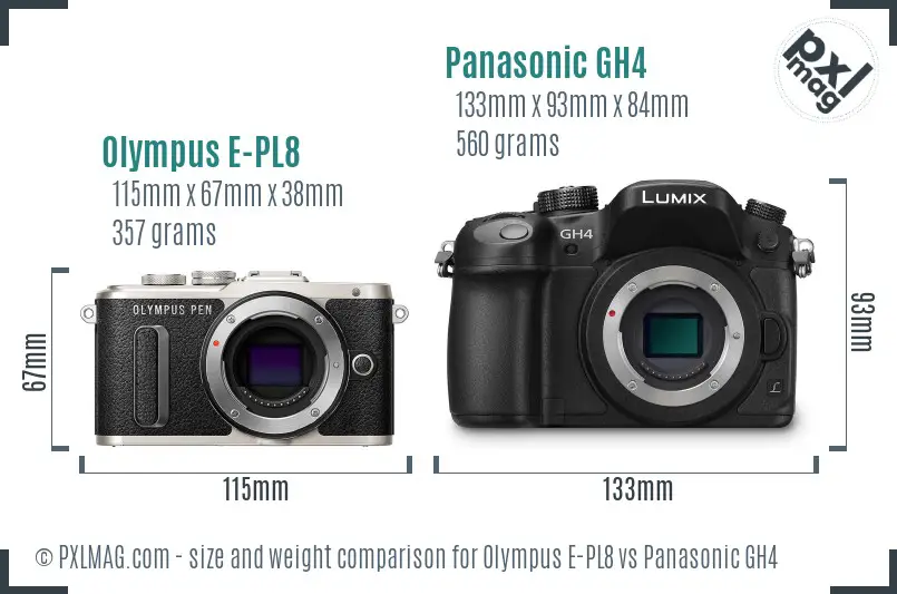 Olympus E-PL8 vs Panasonic GH4 size comparison