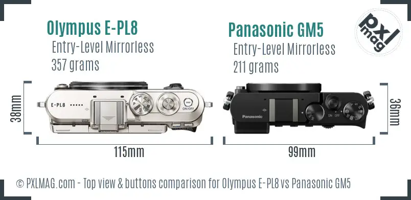 Olympus E-PL8 vs Panasonic GM5 top view buttons comparison