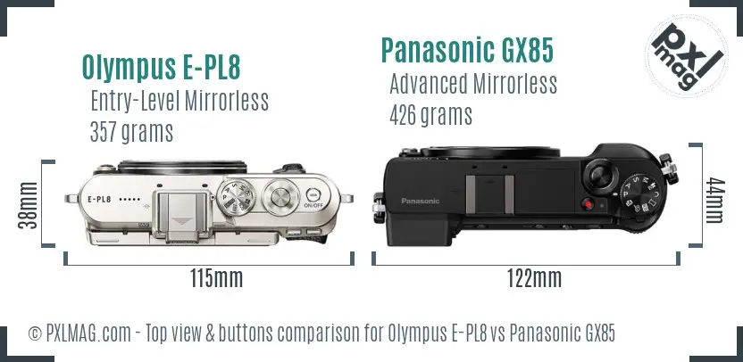 Olympus E-PL8 vs Panasonic GX85 top view buttons comparison