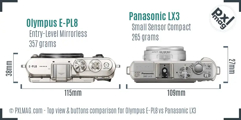 Olympus E-PL8 vs Panasonic LX3 top view buttons comparison