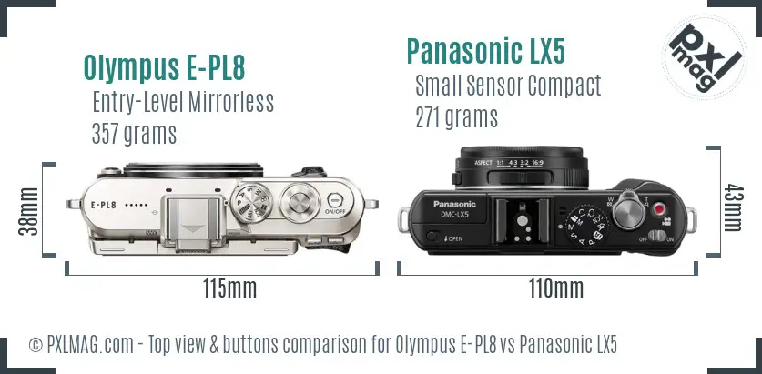 Olympus E-PL8 vs Panasonic LX5 top view buttons comparison