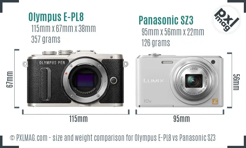 Olympus E-PL8 vs Panasonic SZ3 size comparison