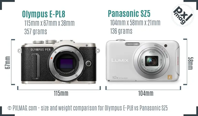 Olympus E-PL8 vs Panasonic SZ5 size comparison