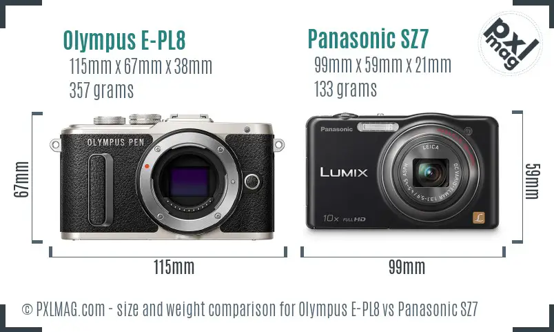 Olympus E-PL8 vs Panasonic SZ7 size comparison