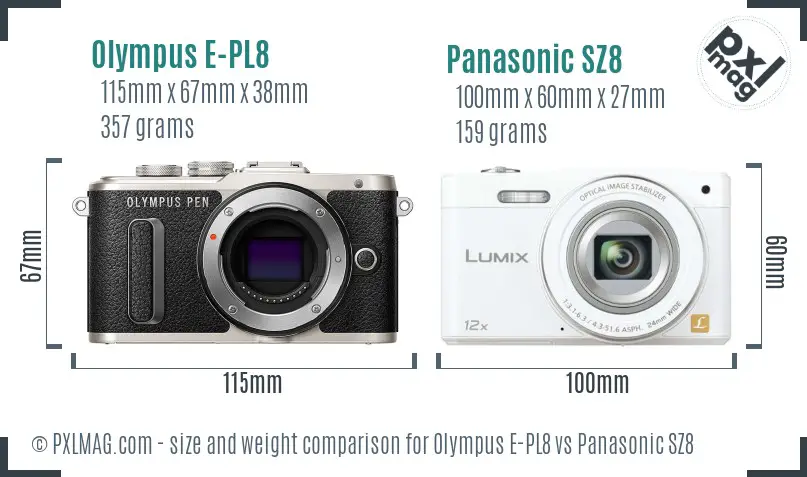 Olympus E-PL8 vs Panasonic SZ8 size comparison