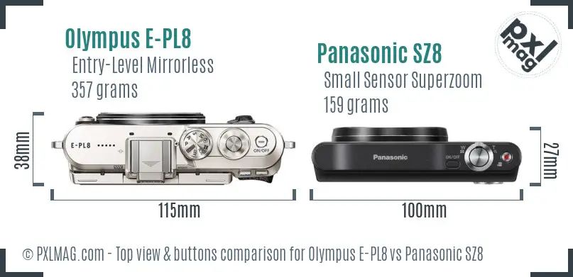 Olympus E-PL8 vs Panasonic SZ8 top view buttons comparison