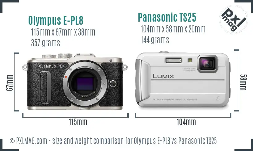 Olympus E-PL8 vs Panasonic TS25 size comparison