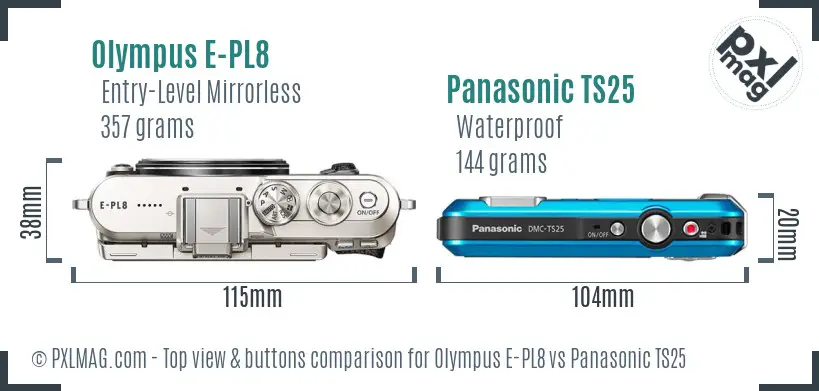 Olympus E-PL8 vs Panasonic TS25 top view buttons comparison