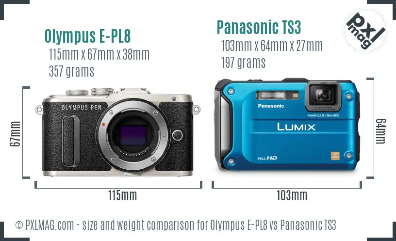 Olympus E-PL8 vs Panasonic TS3 size comparison