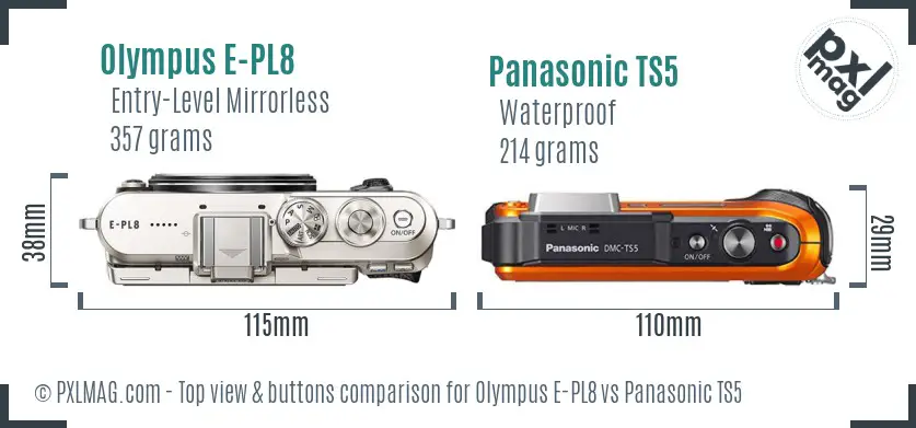 Olympus E-PL8 vs Panasonic TS5 top view buttons comparison