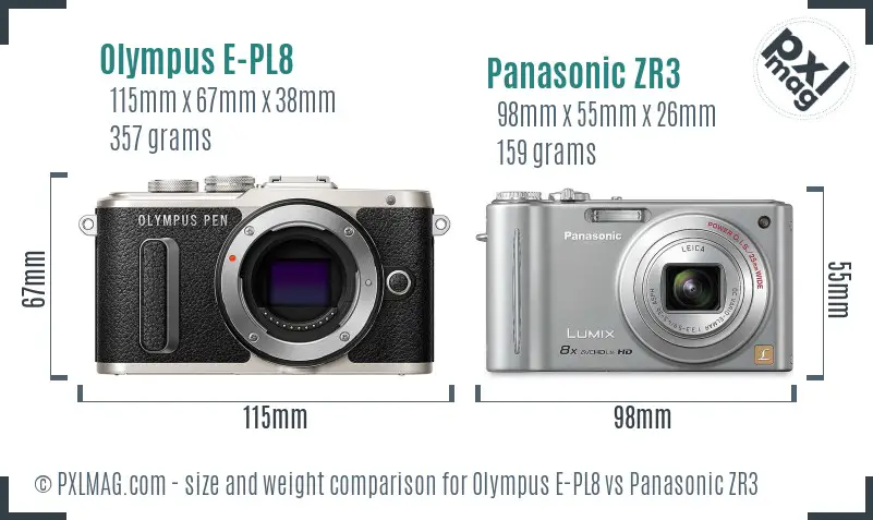 Olympus E-PL8 vs Panasonic ZR3 size comparison