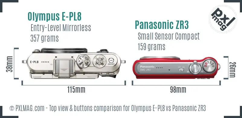 Olympus E-PL8 vs Panasonic ZR3 top view buttons comparison