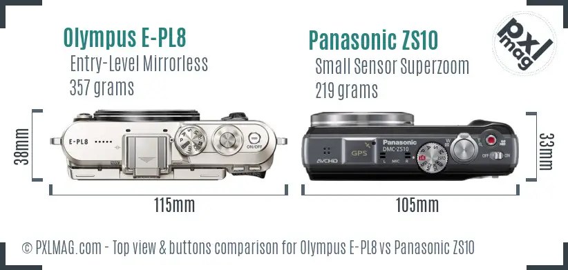 Olympus E-PL8 vs Panasonic ZS10 top view buttons comparison