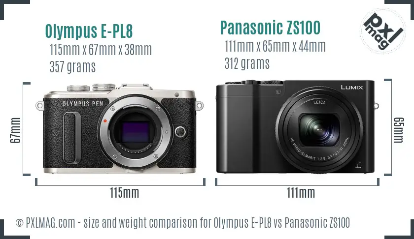 Olympus E-PL8 vs Panasonic ZS100 size comparison