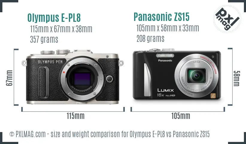 Olympus E-PL8 vs Panasonic ZS15 size comparison