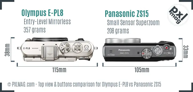 Olympus E-PL8 vs Panasonic ZS15 top view buttons comparison