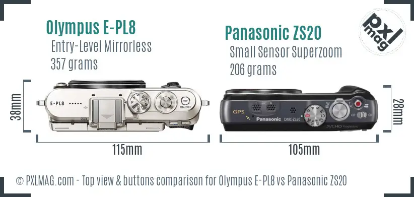 Olympus E-PL8 vs Panasonic ZS20 top view buttons comparison