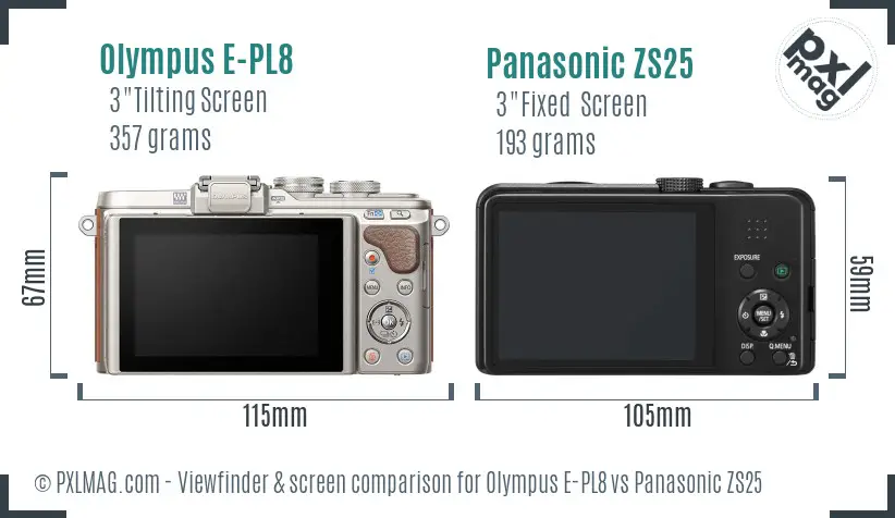 Olympus E-PL8 vs Panasonic ZS25 Screen and Viewfinder comparison