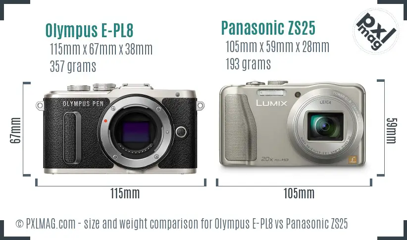 Olympus E-PL8 vs Panasonic ZS25 size comparison
