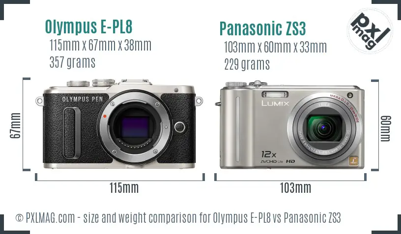 Olympus E-PL8 vs Panasonic ZS3 size comparison