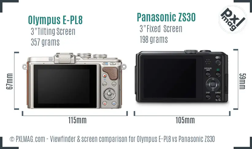 Olympus E-PL8 vs Panasonic ZS30 Screen and Viewfinder comparison