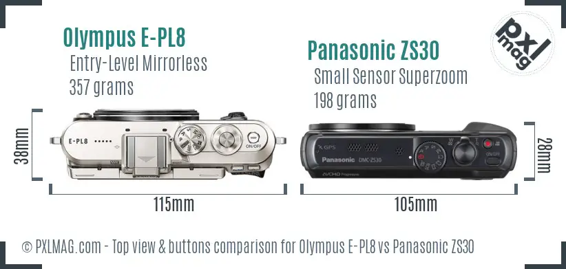 Olympus E-PL8 vs Panasonic ZS30 top view buttons comparison