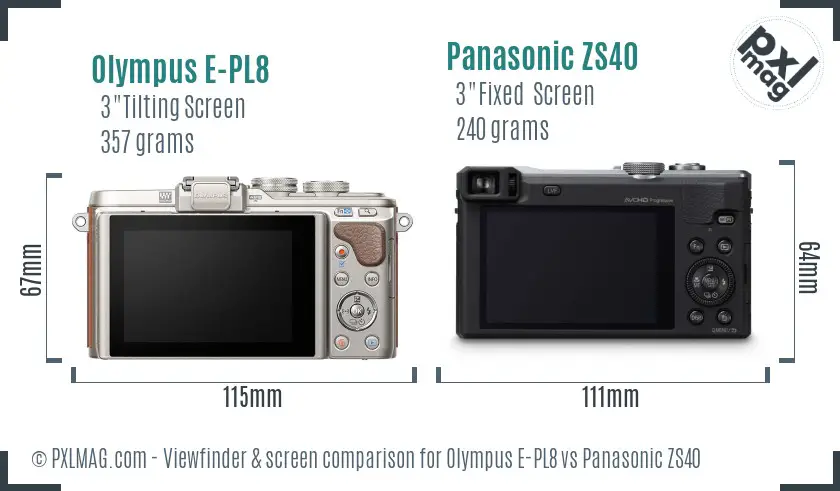 Olympus E-PL8 vs Panasonic ZS40 Screen and Viewfinder comparison
