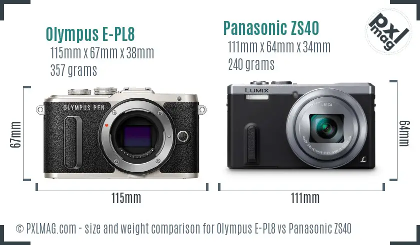 Olympus E-PL8 vs Panasonic ZS40 size comparison