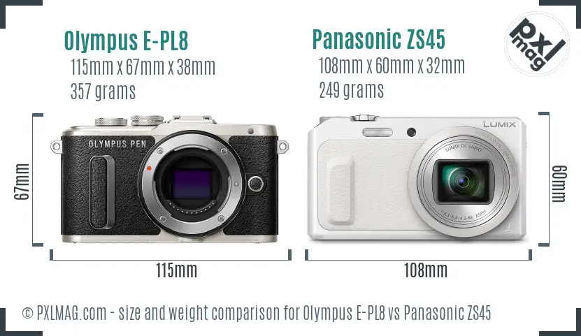 Olympus E-PL8 vs Panasonic ZS45 size comparison