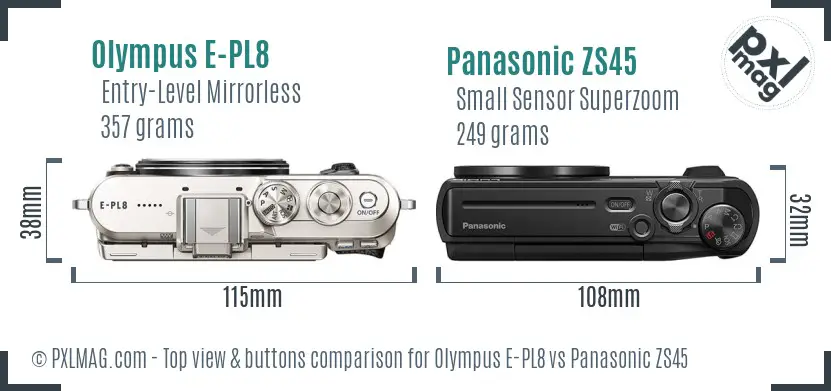 Olympus E-PL8 vs Panasonic ZS45 top view buttons comparison