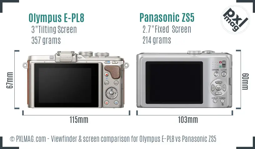 Olympus E-PL8 vs Panasonic ZS5 Screen and Viewfinder comparison