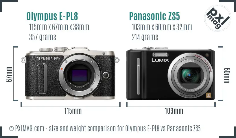 Olympus E-PL8 vs Panasonic ZS5 size comparison