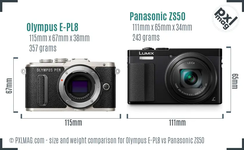 Olympus E-PL8 vs Panasonic ZS50 size comparison