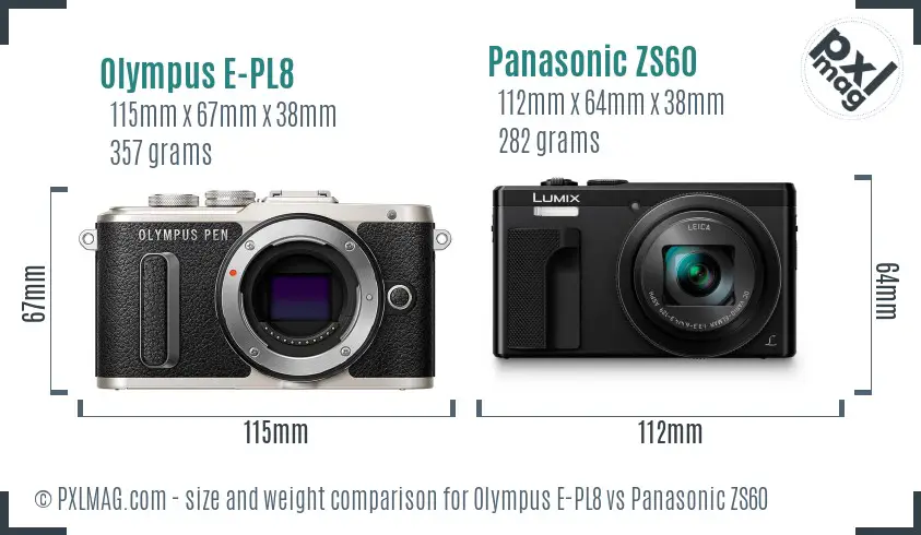 Olympus E-PL8 vs Panasonic ZS60 size comparison