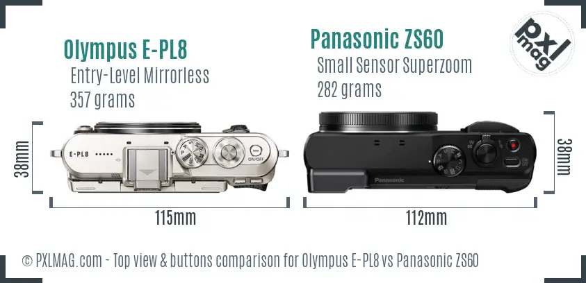 Olympus E-PL8 vs Panasonic ZS60 top view buttons comparison