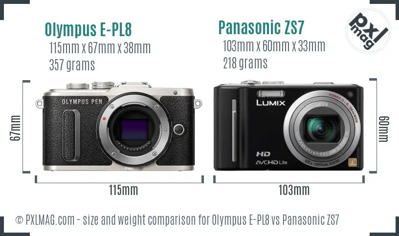 Olympus E-PL8 vs Panasonic ZS7 size comparison
