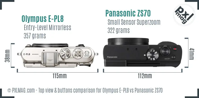 Olympus E-PL8 vs Panasonic ZS70 top view buttons comparison