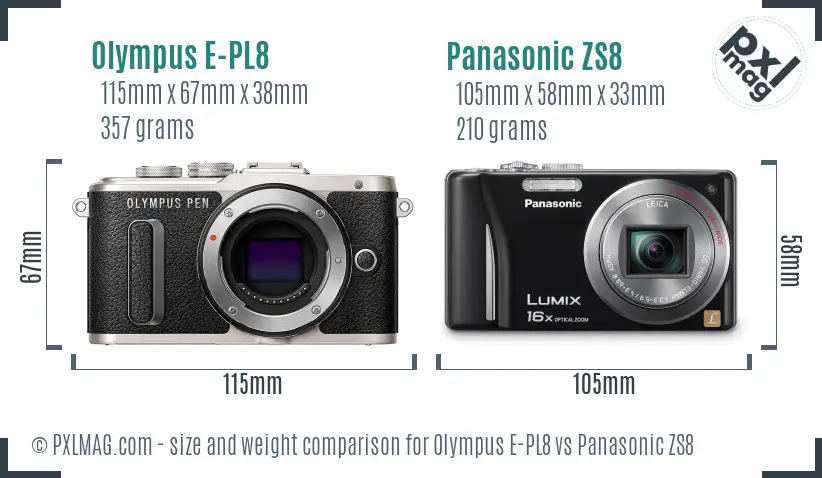 Olympus E-PL8 vs Panasonic ZS8 size comparison