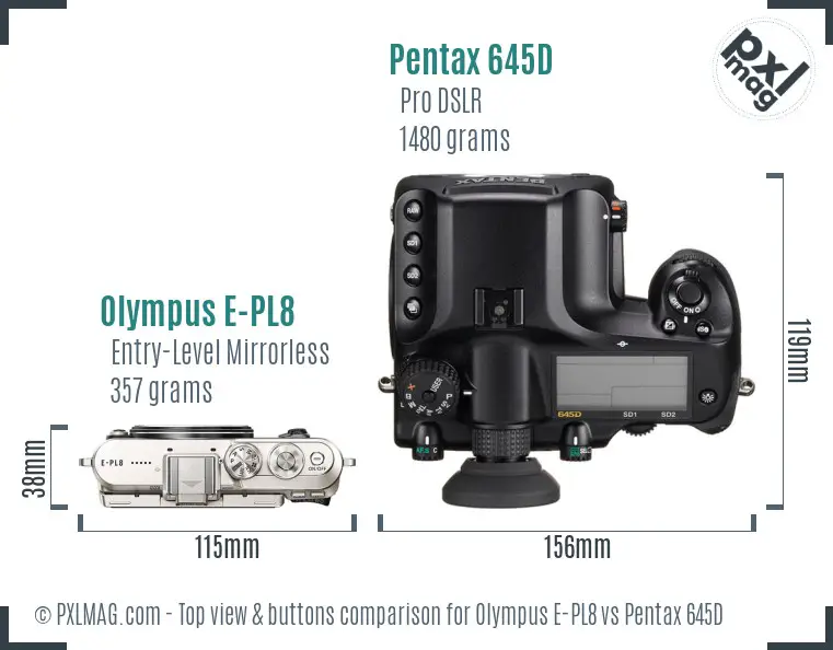 Olympus E-PL8 vs Pentax 645D top view buttons comparison