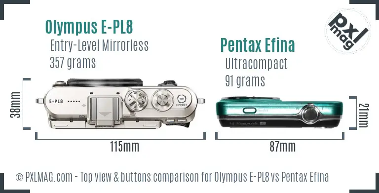 Olympus E-PL8 vs Pentax Efina top view buttons comparison