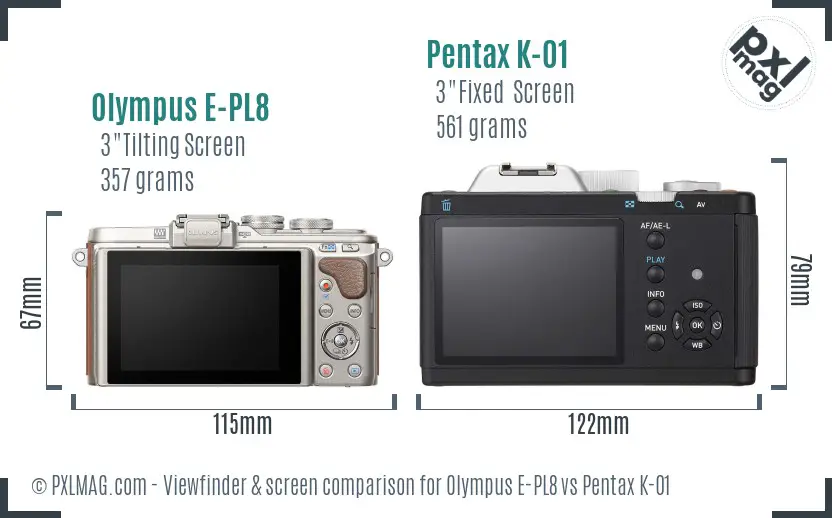 Olympus E-PL8 vs Pentax K-01 Screen and Viewfinder comparison